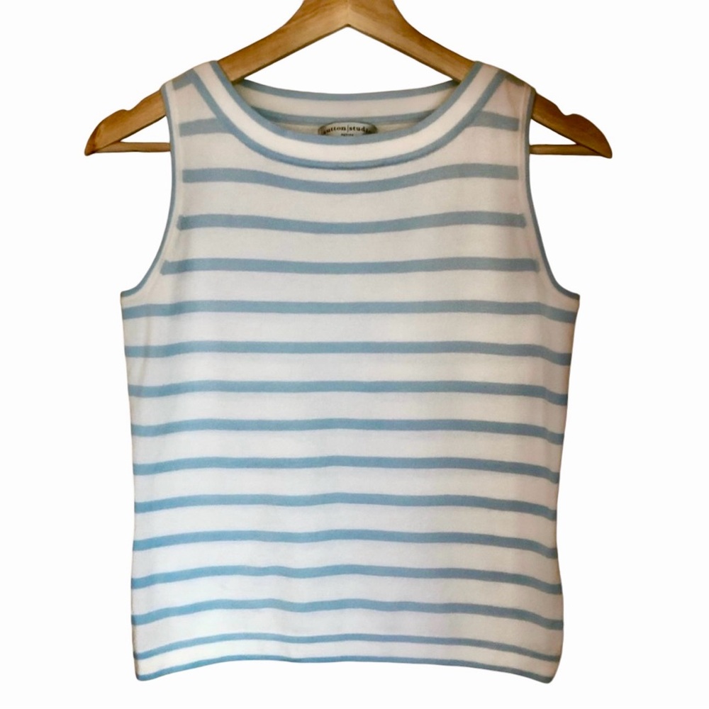 Sutton Studio Blue White Stripe Crewneck Petite Sleeveless Tank Top Small